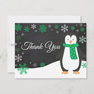 Winter Penguin Snowflake Green Thank You Card