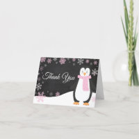 Winter Penguin Snowflake Pink Thank You Card