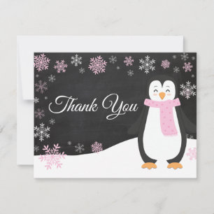 Winter Penguin Snowflake Pink Thank You Card