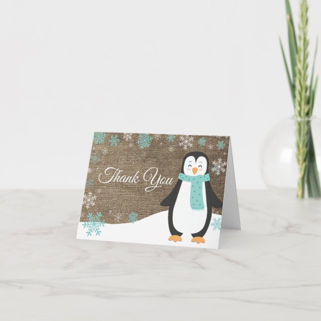 Winter Penguin Snowflake Teal Burlap Thank You Card (Front)