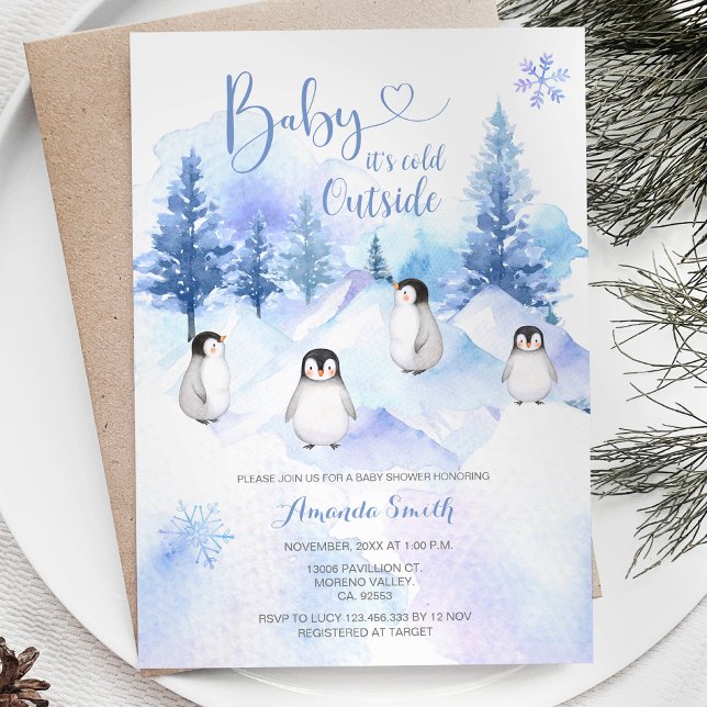 Winter Penguin Snowflakes Mountain Baby Shower  Invitation (Creator Uploaded)