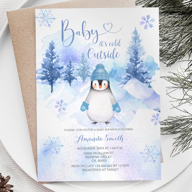 Winter Penguin Snowflakes Silver Blue Baby Shower  Invitation (Creator Uploaded)