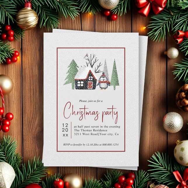 Winter penguin trees and snowfall Christmas party Invitation (Creator Uploaded)