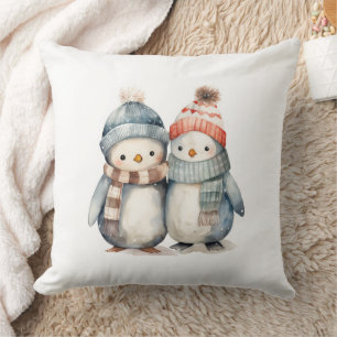 Winter Penguin Watercolor Throw Pillow