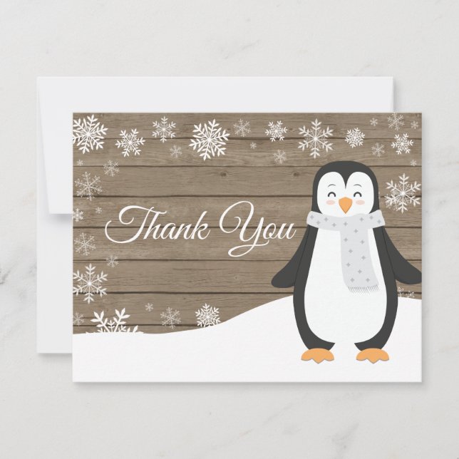Winter Penguin White Snowflake Thank You Card (Front)