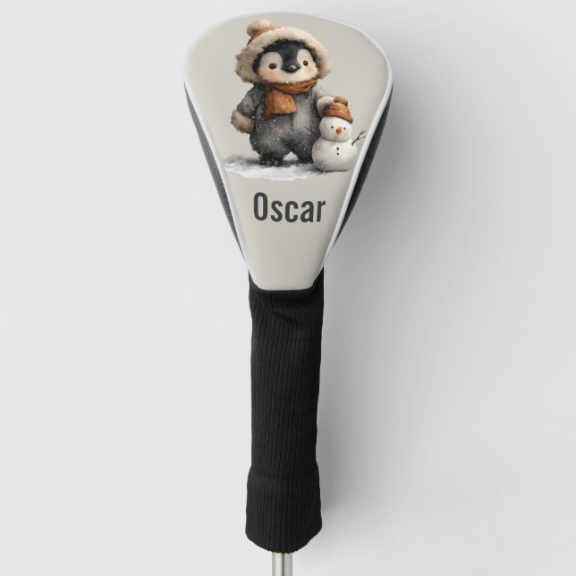 Winter Penguin with Snowman Design Golf Head Cover (Front)