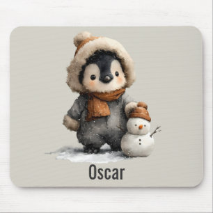 Winter Penguin with Snowman Design Mouse Pad