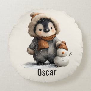 Winter Penguin with Snowman Design Round Pillow