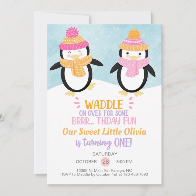 Winter penguins girl birthday invitation. invitati invitation (Front)