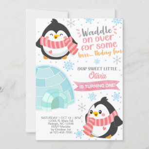Winter penguins girl birthday invitation. invitation
