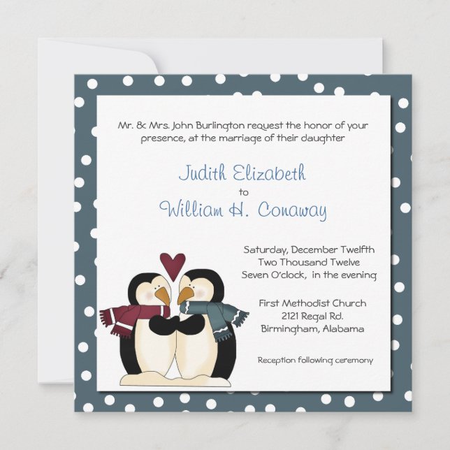 Winter Penguins in Love Wedding Invitation (Front)