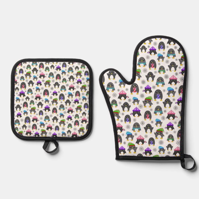 Winter Penguins Oven Mitt & Pot Holder Set (Front)