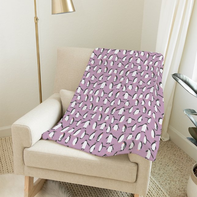 Winter Penguins Pattern on Snowy Purple Fleece Blanket (Creator Uploaded)
