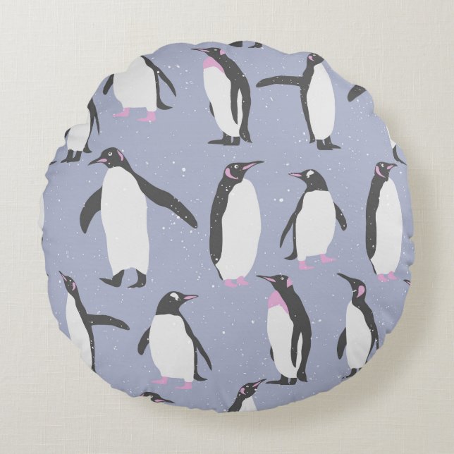 Winter Penguins seamless pattern + your ideas Round Pillow (Front)