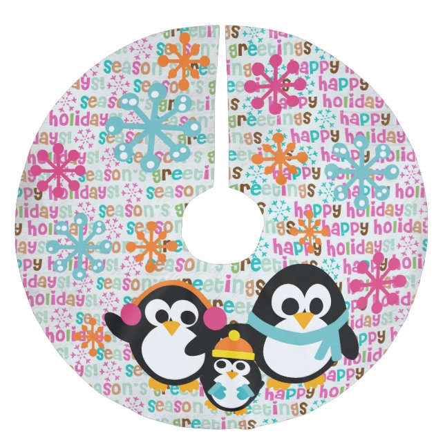 Winter Penguins Seasons Greetings Tree Skirt (Front)