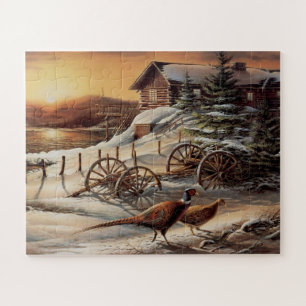 Winter Pheasant Sunset Lake Cottage Wild Game Bird Jigsaw Puzzle