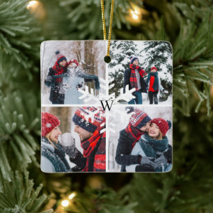 Winter Photo Collage Keepsake Monogram Christmas Ceramic Ornament
