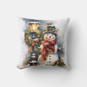 Winter Pillow – Snowman & Streetlamp Scene