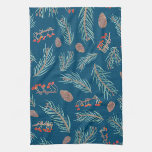 Winter Pine and Berries Watercolor Pattern Kitchen Towel