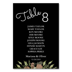 Winter Pine Black Table Number Card with Names
