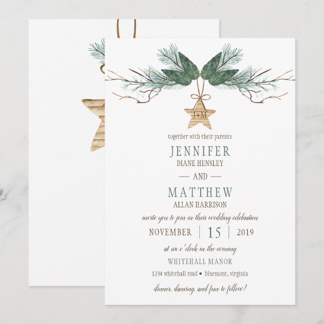 Winter Pine Branches Pine Cones Star Wedding Invitation (Front/Back)