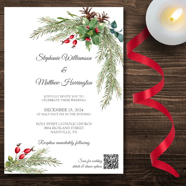 Winter Pine Branches with Berries QR Code Wedding  Invitation (Also available without QR code. )