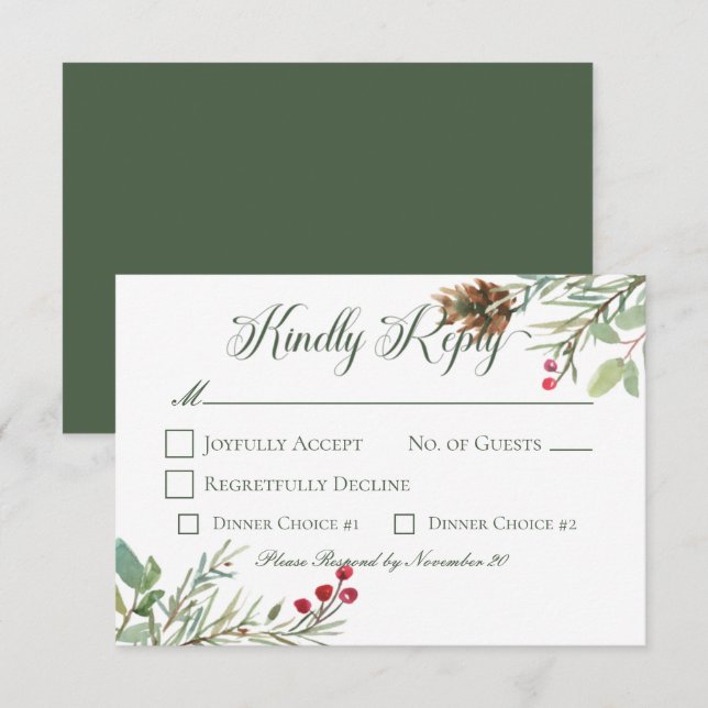 Winter Pine Cone Berries Modern Wedding RSVP Card (Front/Back)