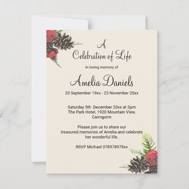 Winter Pine Cone Celebration of Life Card (Front)