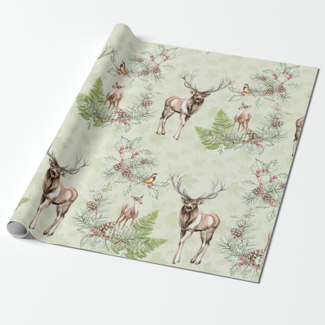 Winter Pine Cone Forest Animals Deer Birds Wrapping Paper (Unrolled)
