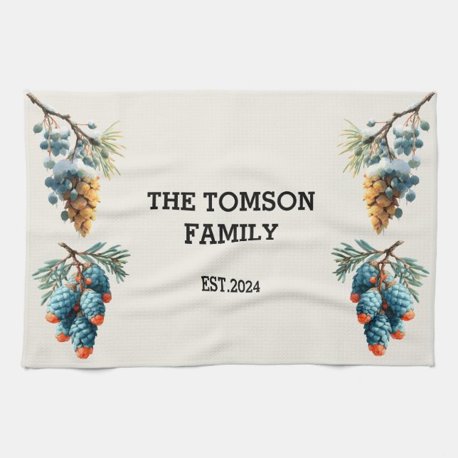 Winter Pine Cones Family Name Design Kitchen Towel (Horizontal)