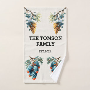 Winter Pine Cones Family Name Design Towel