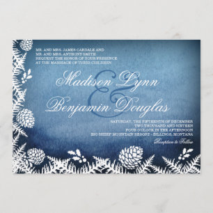 Winter Pine Cones Holiday Blue Wedding Invitations