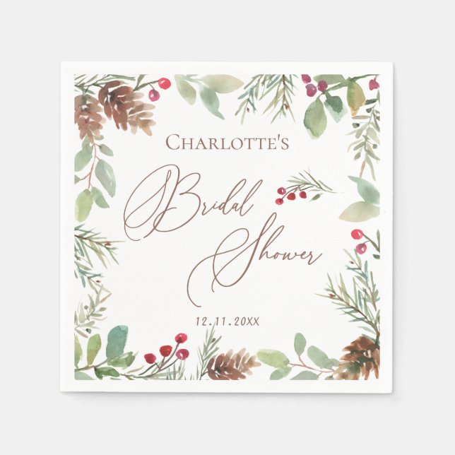 Winter Pine Cones Red Berry Bridal Shower   Napkin (Front)