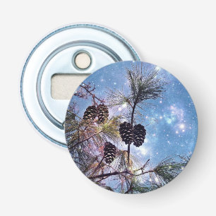 Winter Pine Cones under a starry night sky Bottle Opener