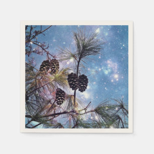 Winter Pine Cones under a starry night sky Napkin