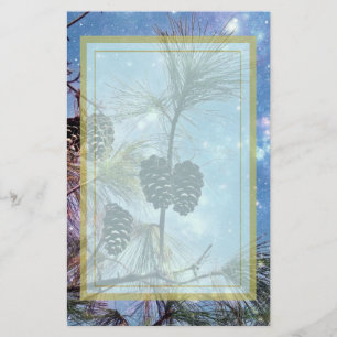 Winter Pine Cones under a starry night sky Stationery
