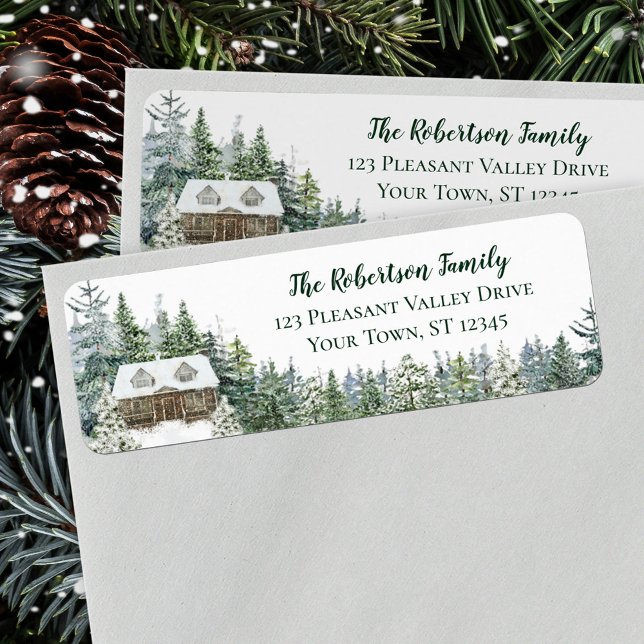 Winter Pine Forest Cabin Christmas Return Address (Creator Uploaded)