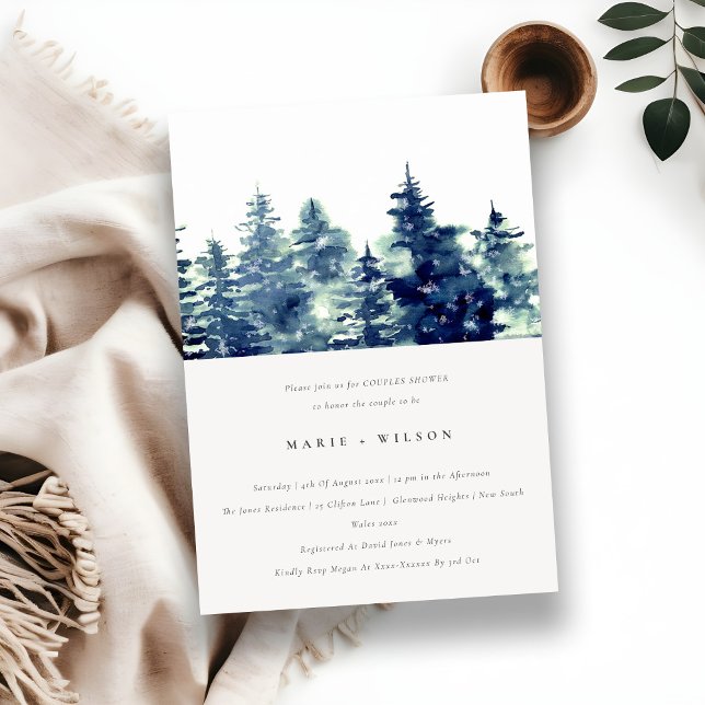 Winter Pine Forest Snow Watercolor Couples Shower Invitation (Creator Uploaded)