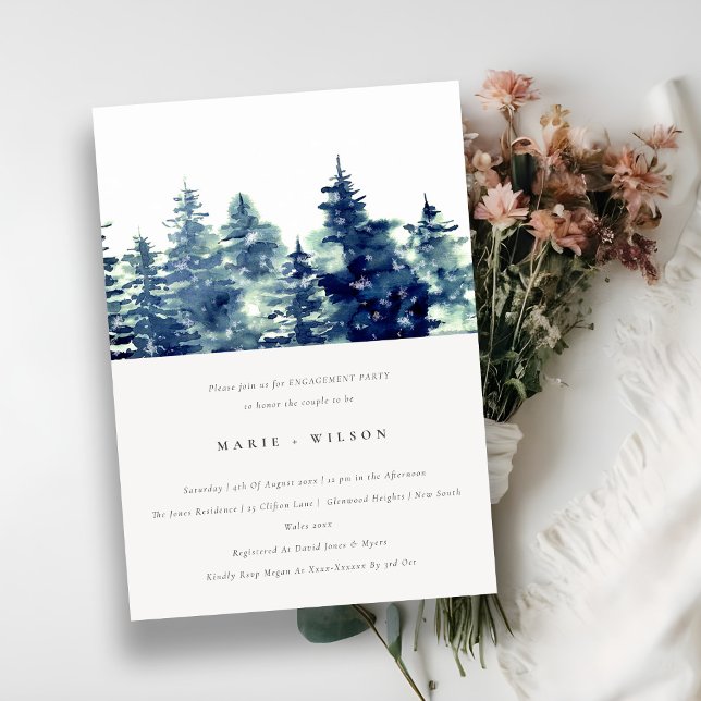 Winter Pine Forest Snowfall Watercolor Engagement Invitation (Creator Uploaded)