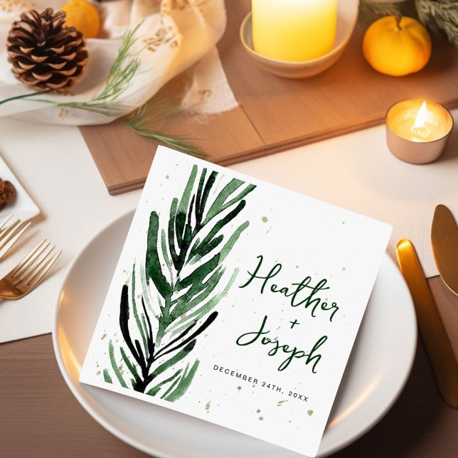 Winter Pine & Gold Christmas Festive Wedding Napkin (Creator Uploaded)