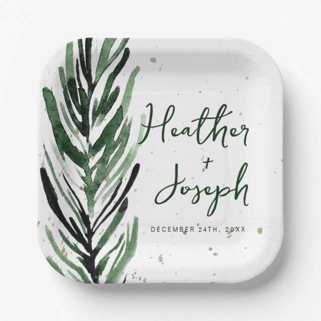 Winter Pine & Gold Christmas Festive Wedding Paper Plate (Front)