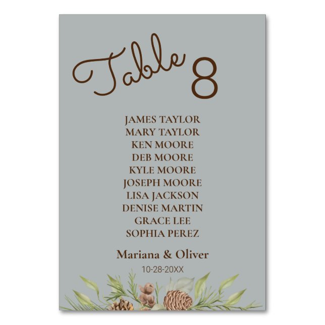 Winter Pine Grey Table Number Card with Names (Front)