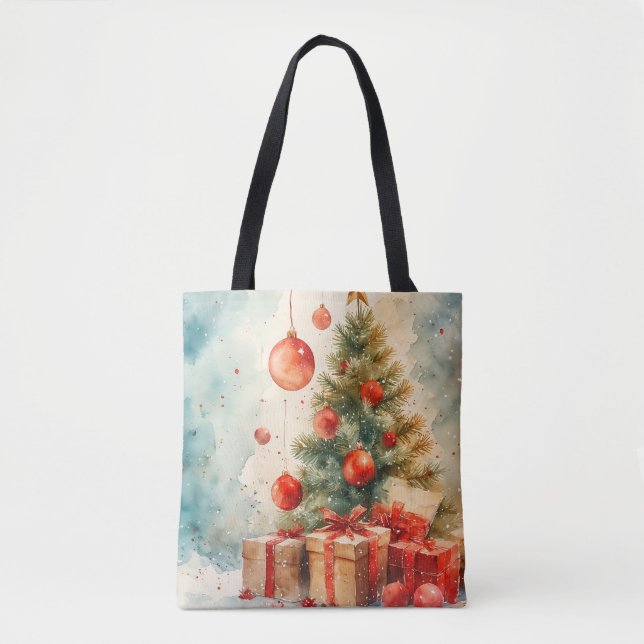 Winter Pine & Holly Watercolor Tote Bag (Front)