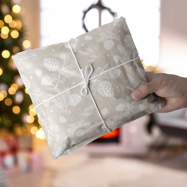 Winter Pine in Warm Beige Christmas  Pattern Tissue Paper (Winter Pine Branch in white and beige Christmas Tissue Paper)