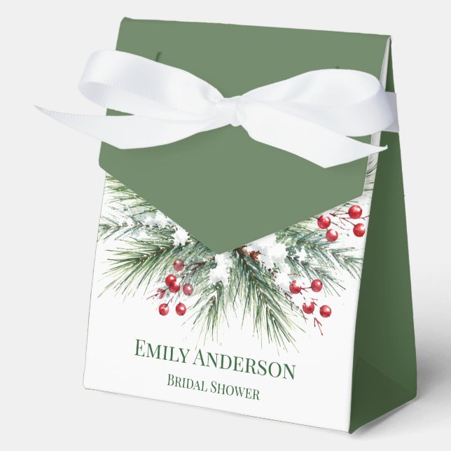 Winter Pine & Red Berry Bridal Shower Favor Box (Front)