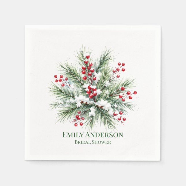 Winter Pine & Red Berry Bridal Shower  Napkin (Front)
