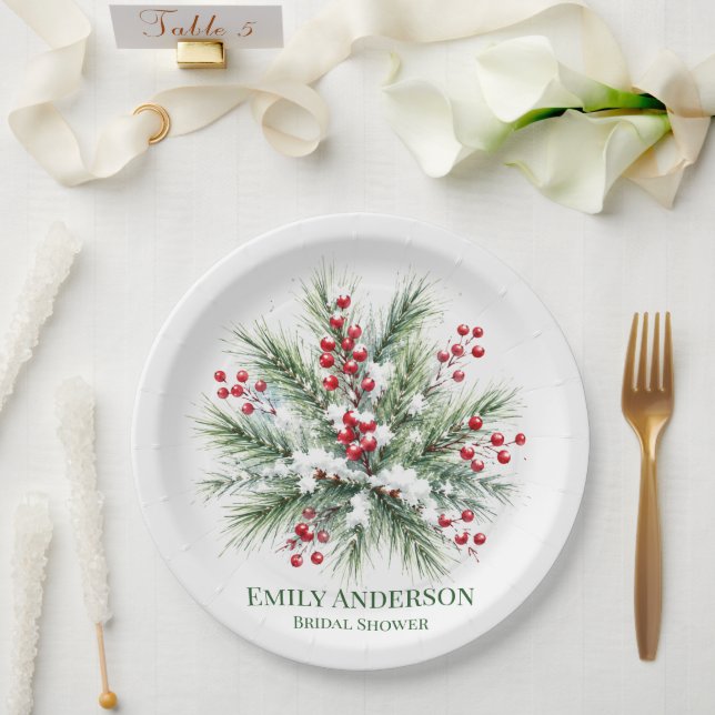 Winter Pine & Red Berry Bridal Shower  Paper Plate (Wedding)