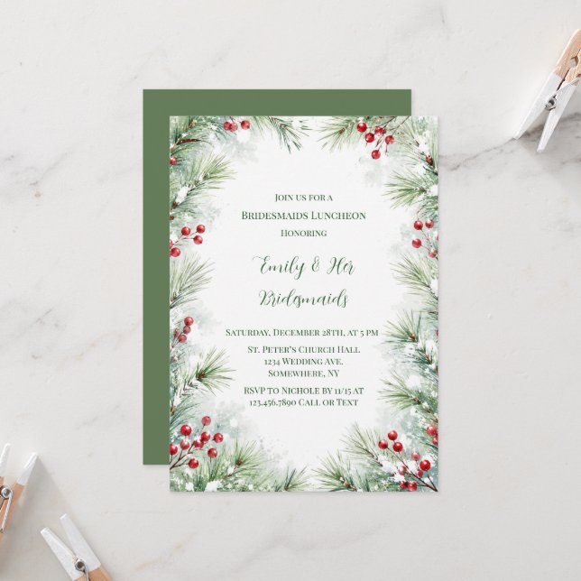 Winter Pine & Red Berry Bridesmaids Luncheon Invitation (Front/Back In Situ)
