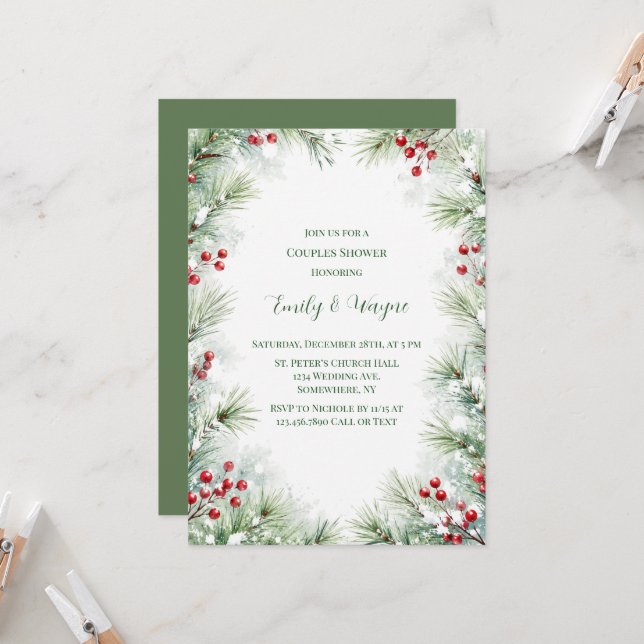 Winter Pine & Red Berry Couples Shower Invitation (Front/Back In Situ)
