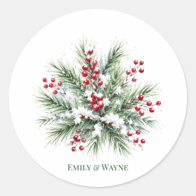 Winter Pine & Red Berry Wedding Classic Round Sticker (Front)